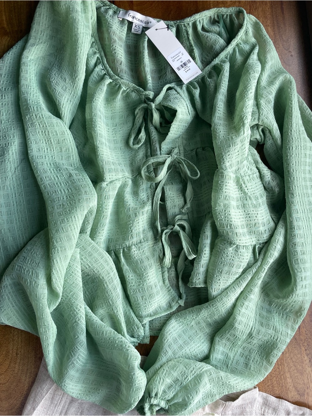 Pinterest Soft Girl Fairycore 2 Piece Outfit Green Ruffle Top Linen Pants NWT - Picture 3 of 9